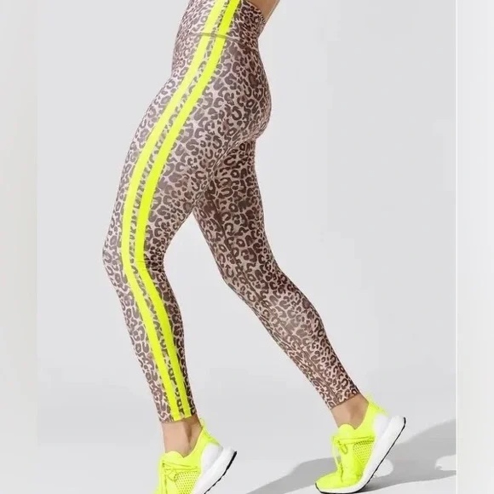 Leopard Print Leggings and Bra with Neon Yellow Stripes